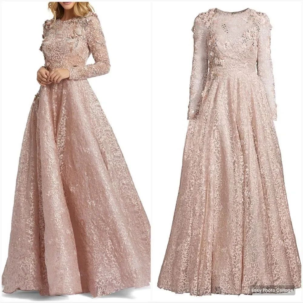 NWT Mac Duggal 11121 Womens Pink EMBELLISHED ILLUSION LONG SLEEVE A LINE GOWN